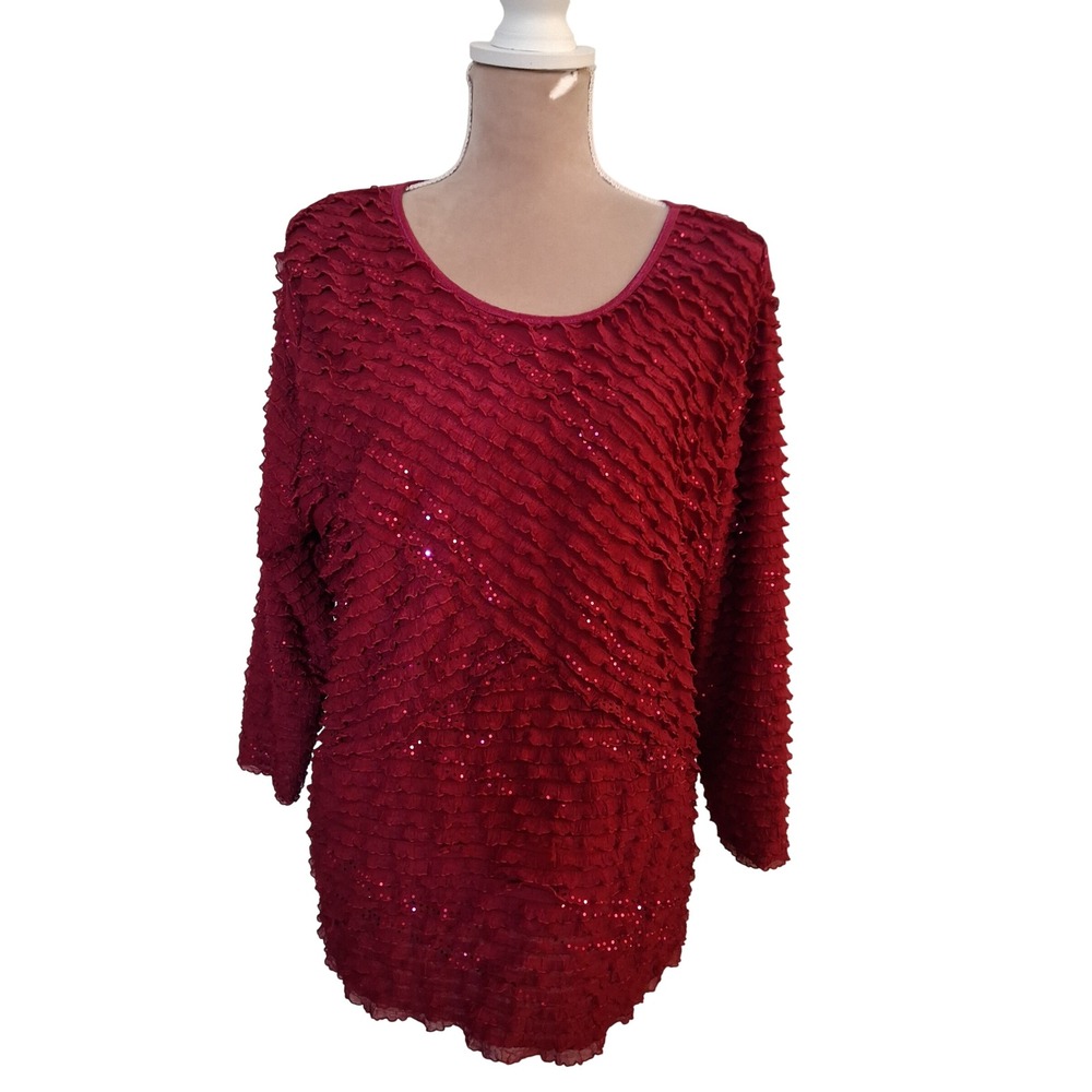 Notations XL Pink Fuscia Sequin Ruffle Tiered Blouse 3/4 Sleeve Scoop Neck Top